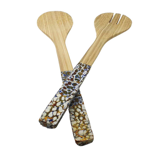 Crackled Blue Bamboo Salad Servers